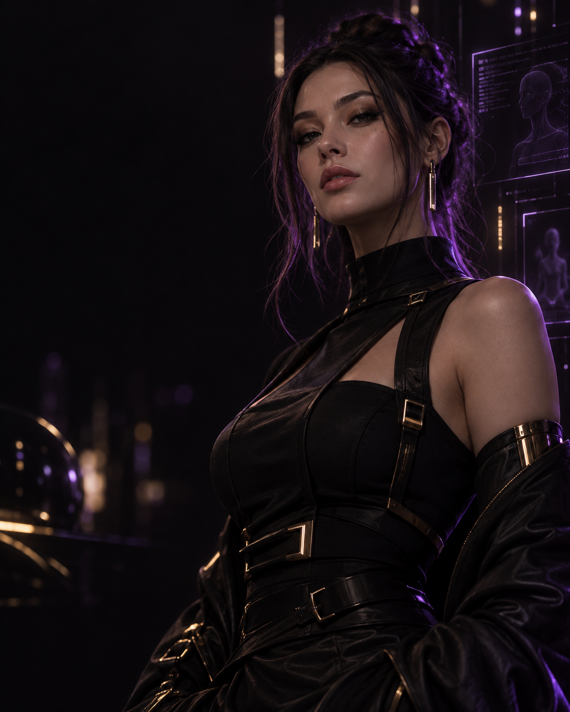 Personagem adulta fictícia criada com IA em ambiente cyberpunk roxo e dourado